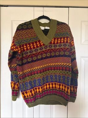 Vintage Collections Co. Colorful Geometric Fair Isle V-Neck Sweater Size L